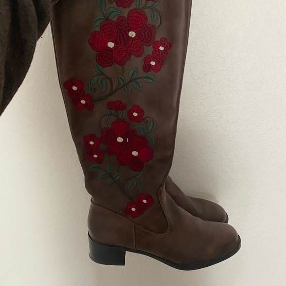 Francesca\'s Collections Brown Over the Knee Boots with Red Floral Design